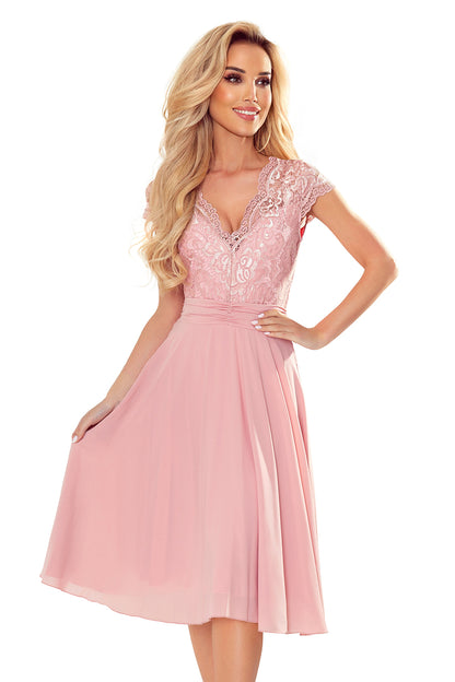 Numoco 381-1 LINDA - chiffon dress with lace neckline - dirty pink